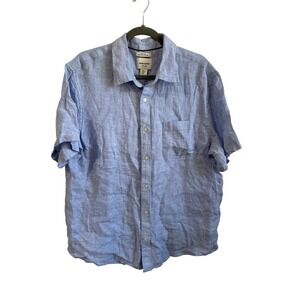Thom Aaron Mens XL Light Blue 100% Linen Short Sleeve Button Down Shirt Beachy